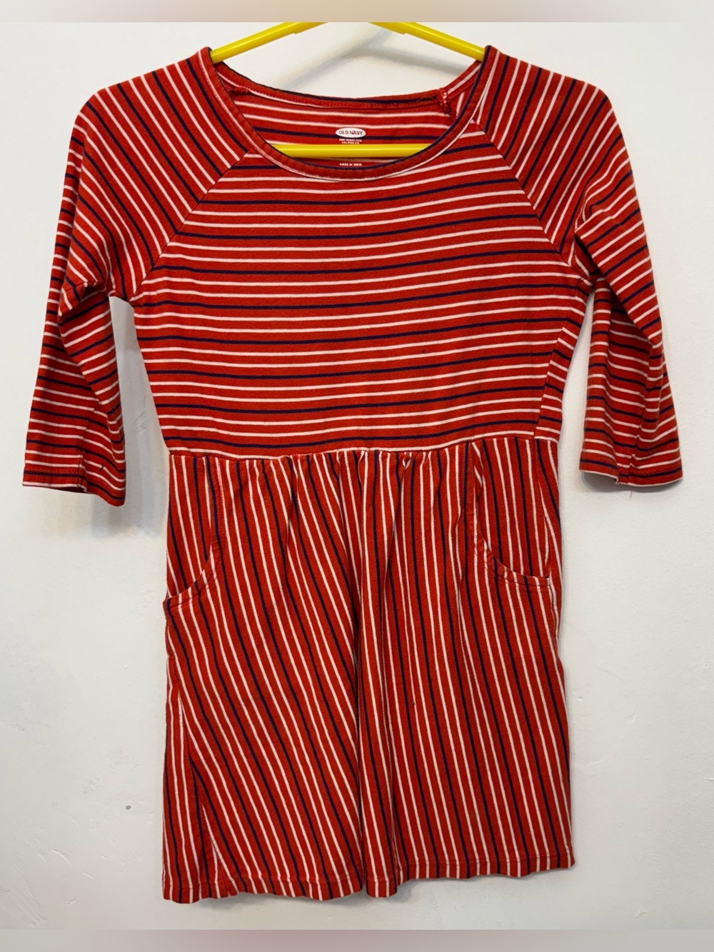 Old Navy Red, White,& Black Stripe Half Sleeve Dress W/ Pockets Girls Small 6-7